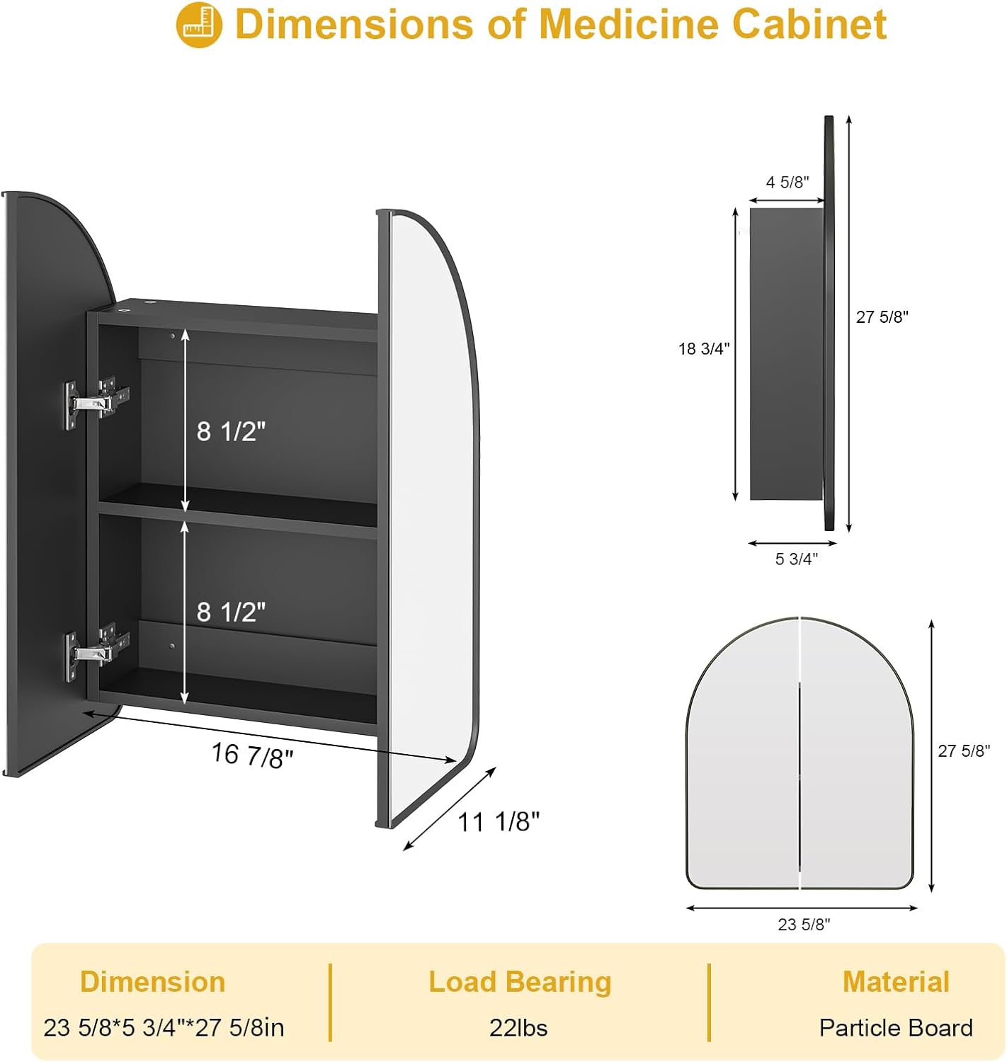 Arched Medicine Cabinet with Mirror,PVC Arched Black Medicine Cabinets Mirror,24x28 Mirrored Medicine Cabinets for Bathroom Mirror Cabinet,Surface Mount Medicine Cabinet,botiquines de baño