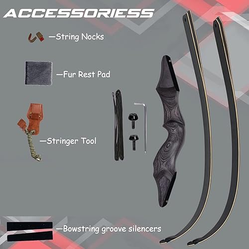 Vista 11 de Topbows - Arco recurvo Takedown de 58 pulgadas, extremidades de bambú, tiro con arco para diestros e zurdos, para caza, tiro al blanco de 25 a 65