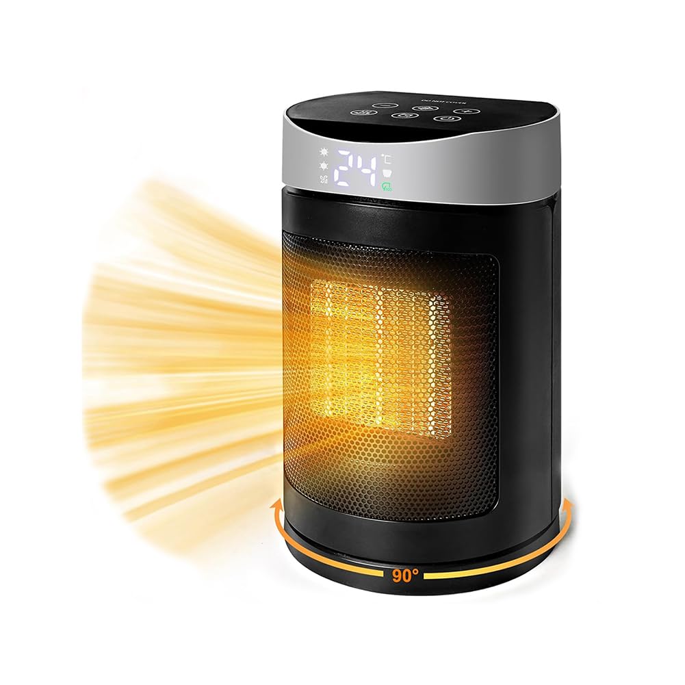 HOSSOM Calefactor Bajo Consumo, 1500W PTC Ceramico Radiador Electrico, 90° Oscilación, con termostato, temporizador 1-12H, 4 Modos, Modo ECO, Protección Sobrecalentamiento/Vuelco Apto interior