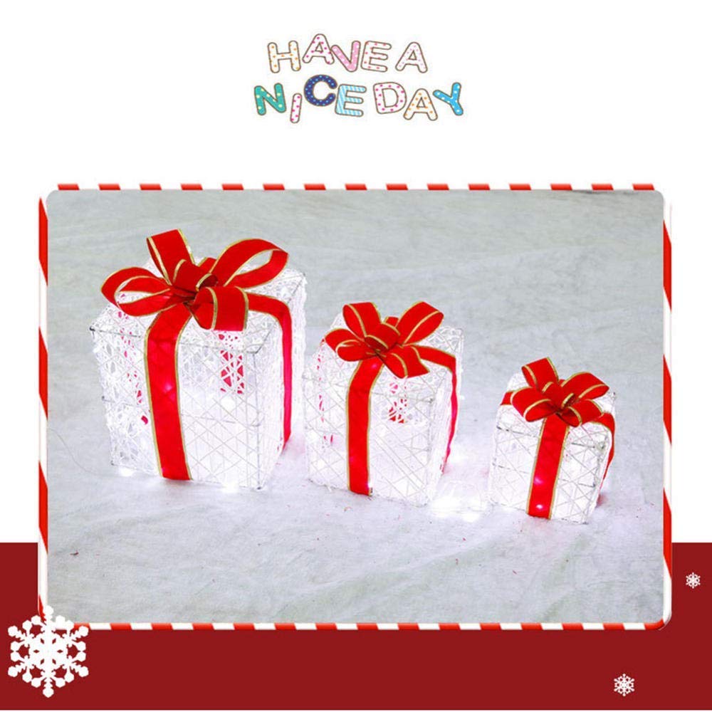 Cajas de regalo para Navidad, Juego de 3 cajas de regalo LED con iluminación decorativa navideña, hierro con lazo, juego de paquetes navideños cálidos(Silver)