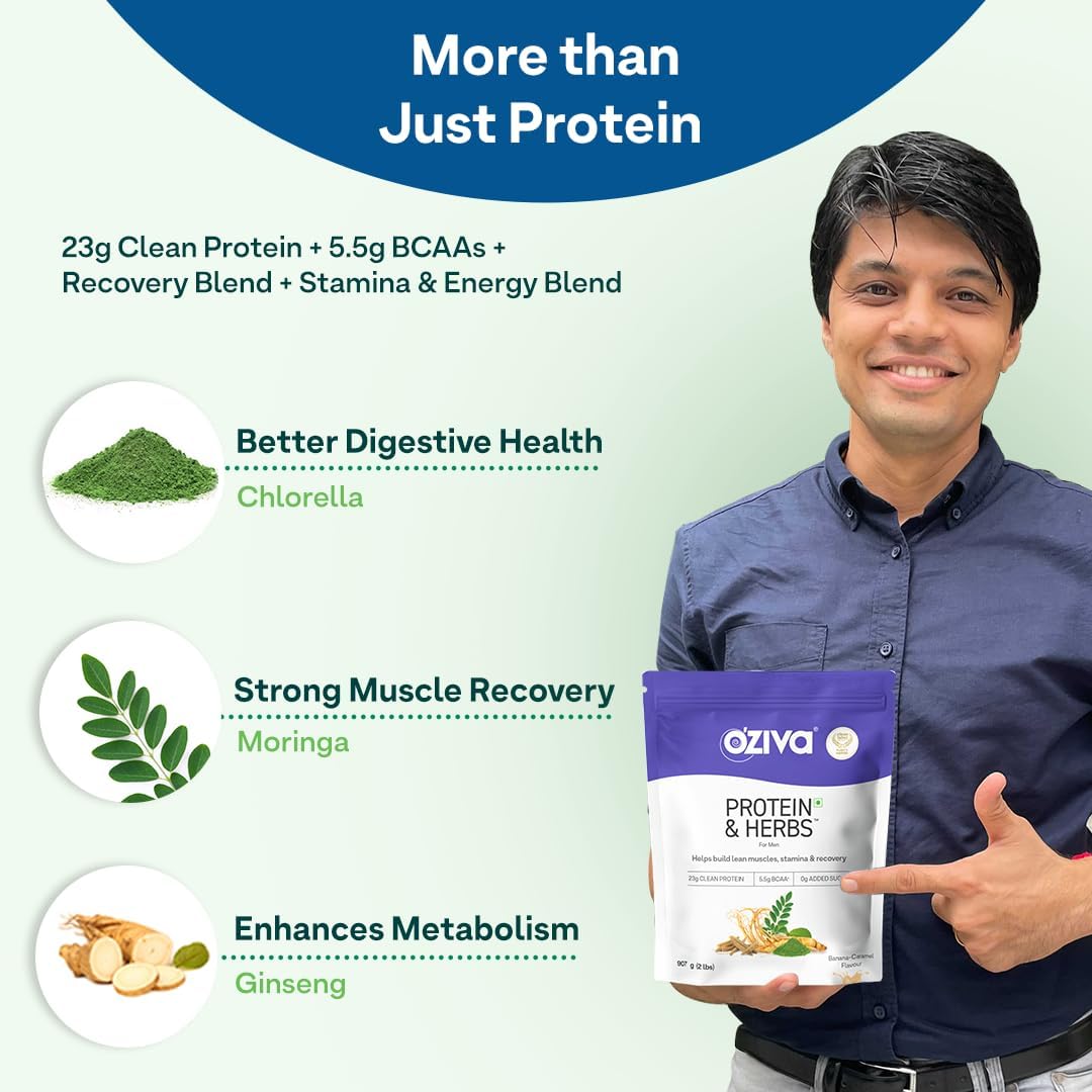 OZIVA Protein & Herbs for Men, Banana Caramel Protein Powder for Men for Muscle Building, Recovery, and Better Stamina (with 23G Whey Protein + 15 Multivitamin for Men), Certified Clean 1Kg