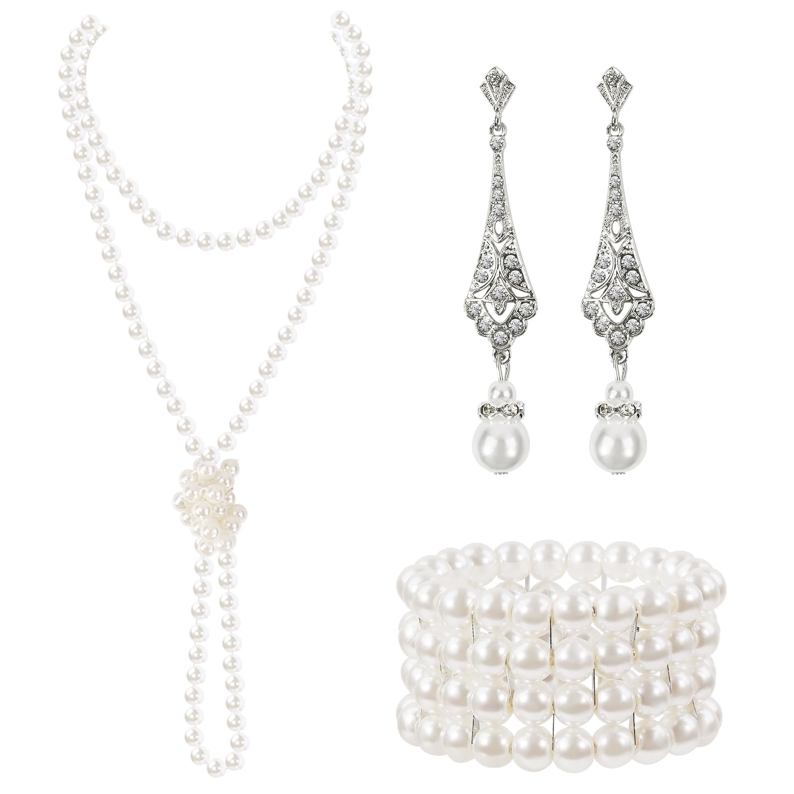 1920s Pearl Jewelry Set - Long Pearl Necklace, Earring Set, Multilayer Bracelet - Flapper Accessories for Women