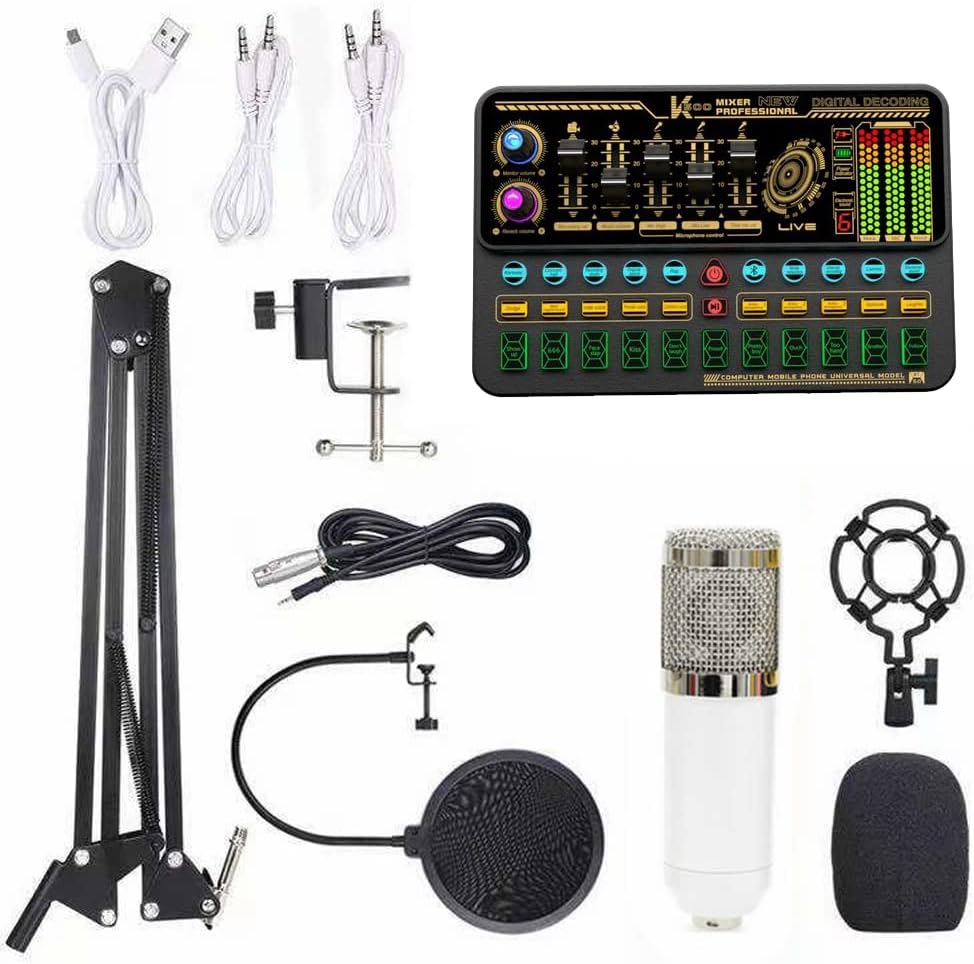 HUIOP Sound Card and Microphone Kit,Multifunctional Live SK500 Sound Card and BM800 Suspension Microphone Kit Broadcasting Recording Condenser Microphone Set Intelligent Voice Changer Device Audio Mix