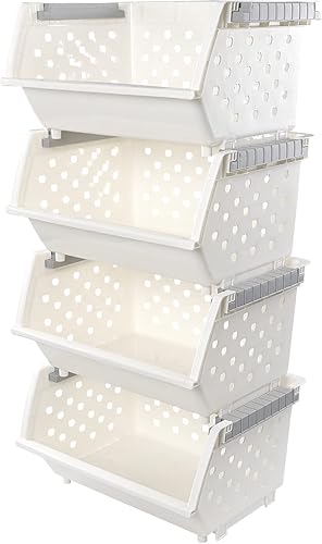 Miniatura 7 de Bringer Paquete de 4 cestas de almacenamiento apilables de plástico, cesta organizadora apilable de cocina, color blanco