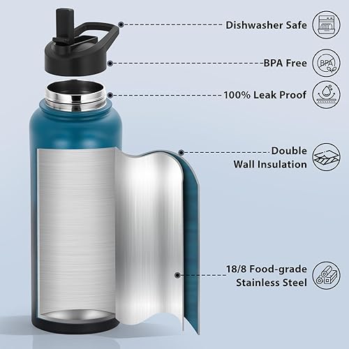 Miniatura 3 de Botella de agua de acero inoxidable aislada de 32 onzas, tapas dobles, frasco grande, botella deportiva de boca ancha (mantiene el frío 24 horas