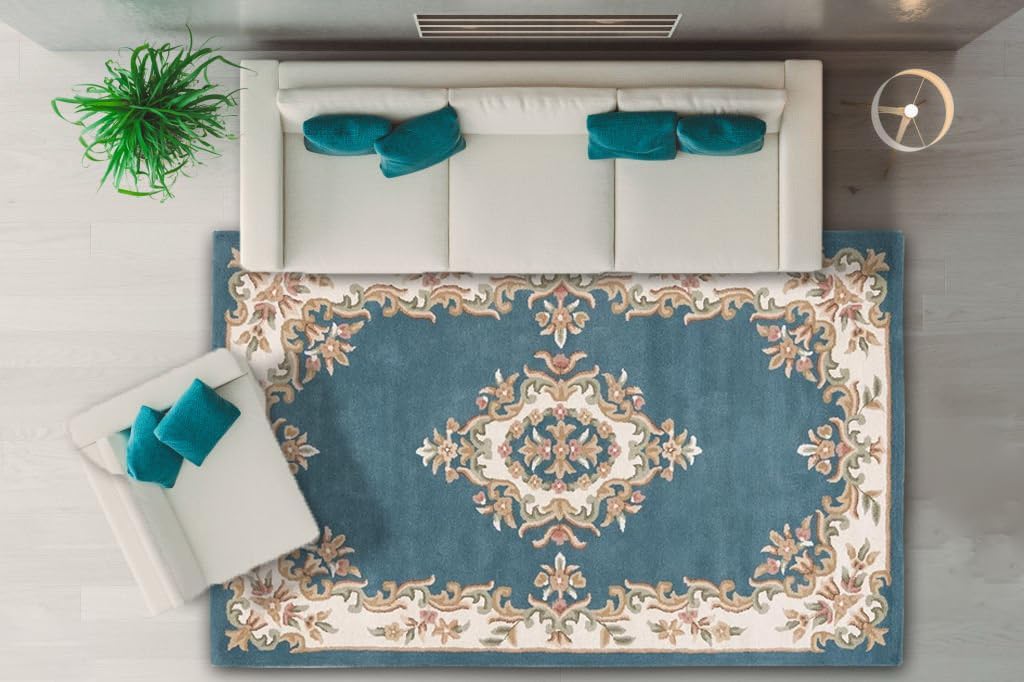 Handmade Royal Aubusson Wool Area Rug Made by Imorted Premium Wool Rug Unique Modern Design Carpet for Living Room, Bedroom and Dining Room (Cream Blue, 4 x 6 FT)