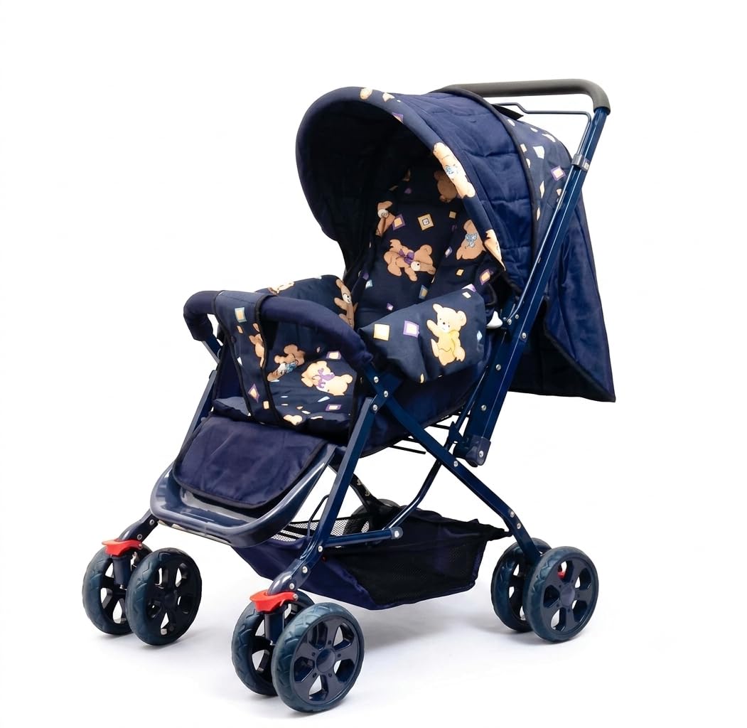 Honey Bee Lightweight Foldable Baby Stroller with Teddy Bear Print, Compact Travel Pram for Infants & Toddlers, Adjustable Canopy, Large Storage Basket, Easy Fold Baby Stroller for Everyday Outings-image-6