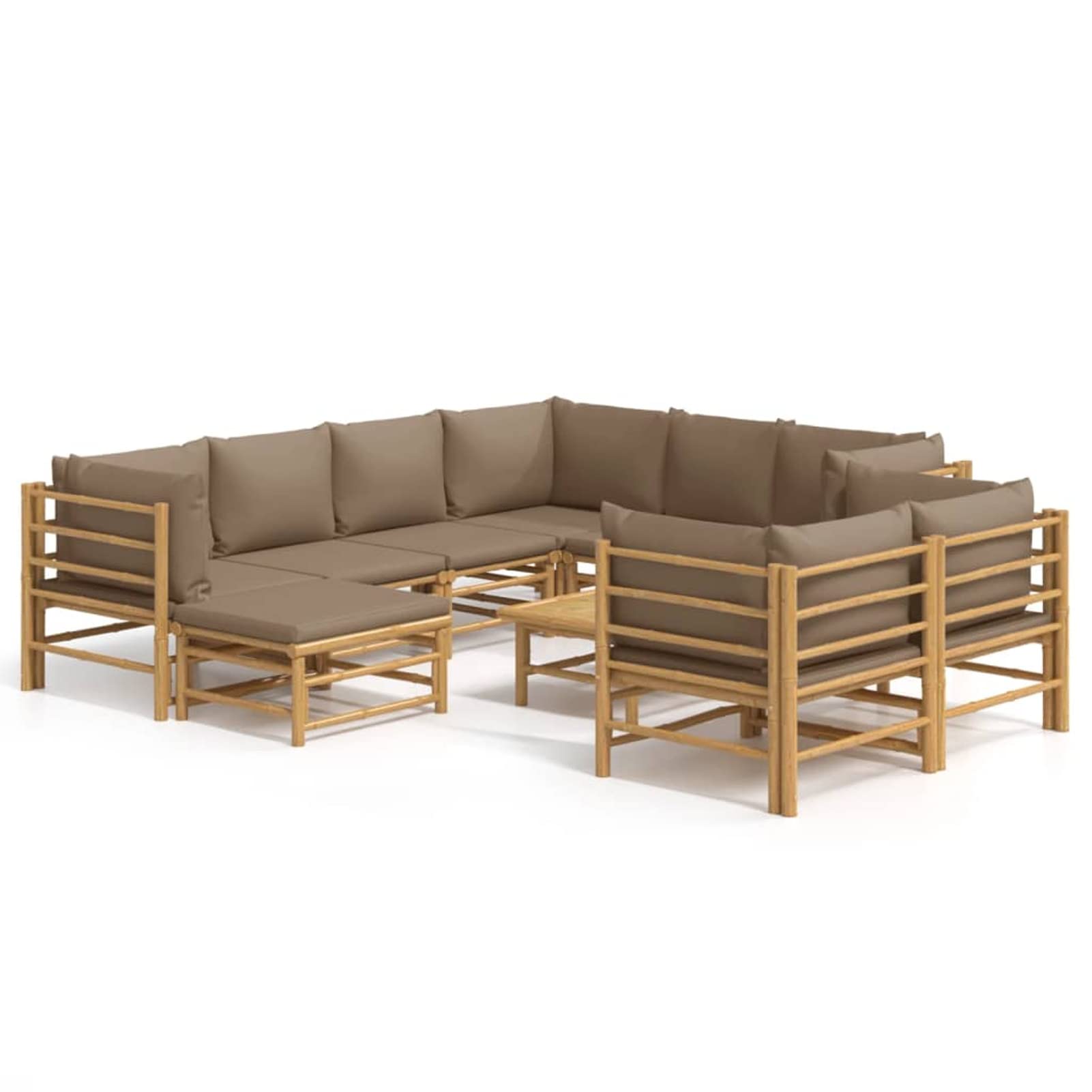 10-częściowy bambusowy zestaw wypoczynkowy w kolorze taupe z poduszkami, meble ogrodowe na zewnątrz, nowoczesny design, odporny na warunki atmosferyczne, idealny do relaksu na podwórku i przy basenie