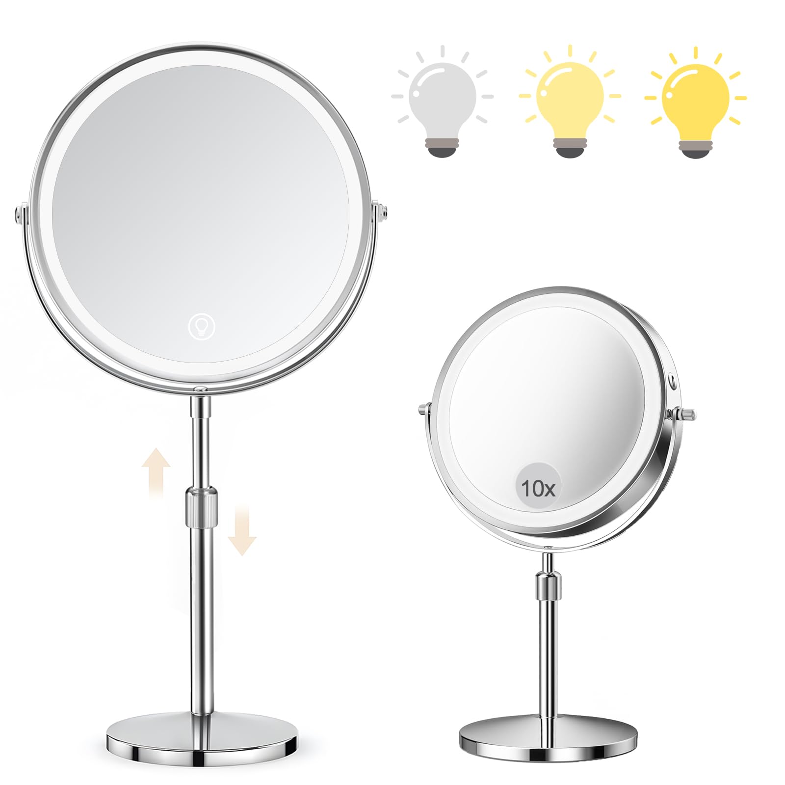SURFOU 8-Inch Rechargeable Makeup Mirror with Lights - 10X/1X Magnifying Vanity Mirror with 3 Color Stepless Dimming, 360Β° Rotation, Height Adjustable & Detachable Base