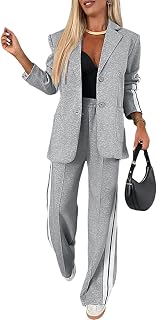 CHICME Women's Striped Side Button Blazer & Pants Set with Pockets - Business Casual Two-Piece Suit