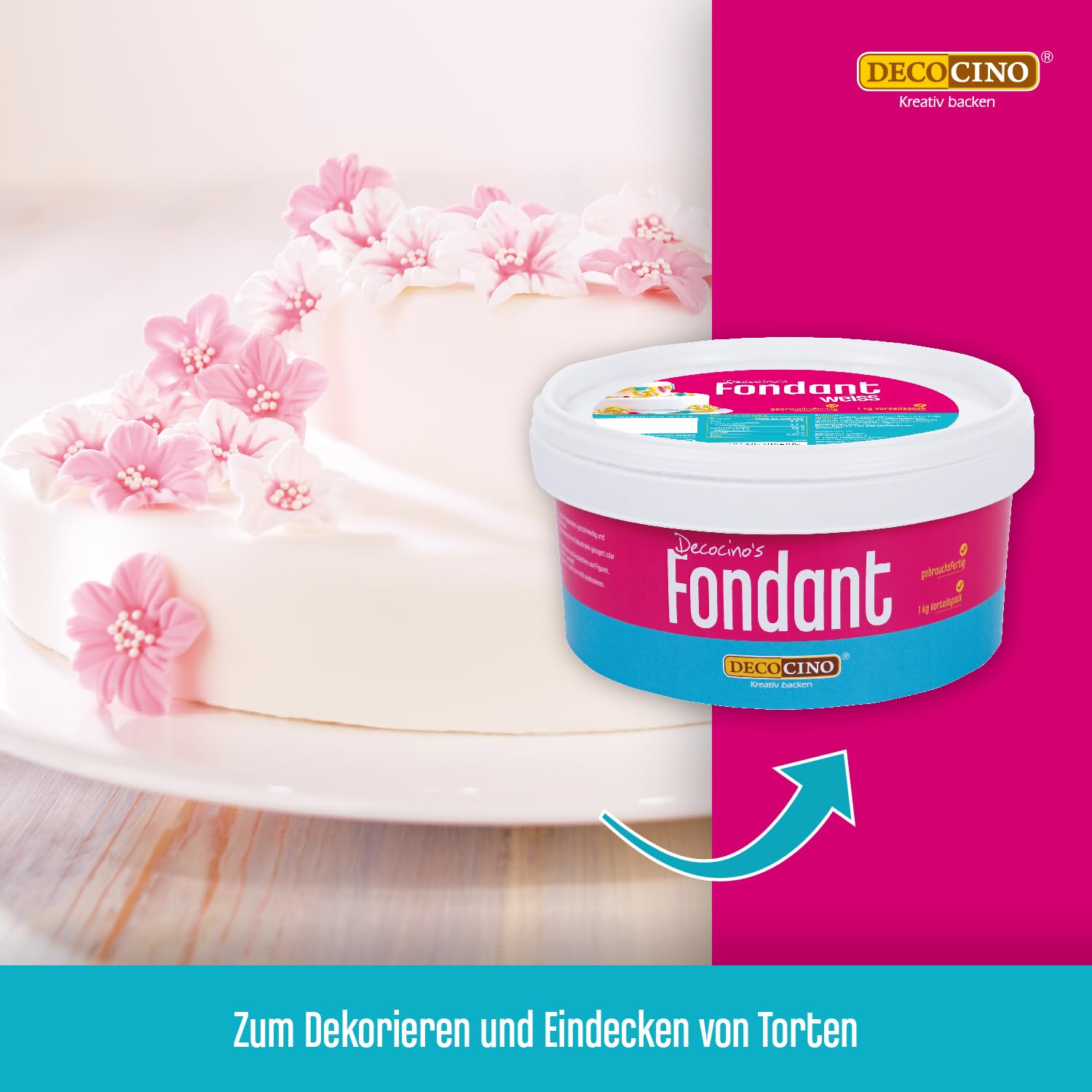 DECOCINO Fondant weiß – 1 Kilo Vorteilspack – ideal zum Verzieren von Kuchen, Torten, Cakepops – palmölfrei & vegan (Packung mit 2)