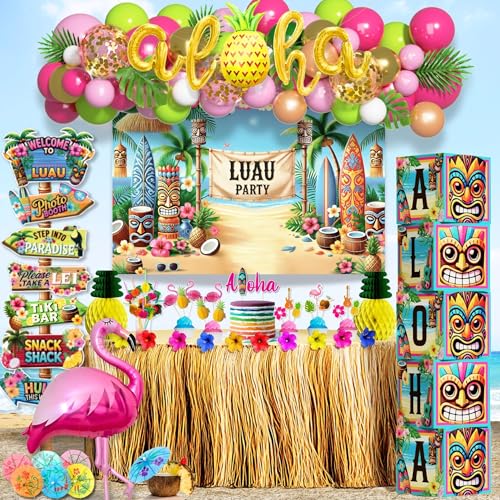 180 pc Luau Party Decorations Set – Hawaiian Birthday Party Decor with Balloons, Backdrop, Table Skirt, Toppers & More – Tropical Aloha Themed Supplies for Indoor & Outdoor Celebrations