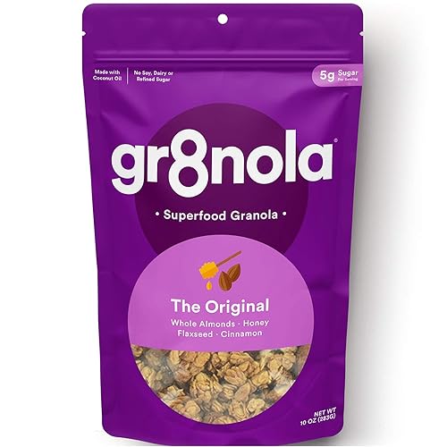 gr8nola The Original - Cereal de granola saludable y bajo en azúcar, fabricado con superalimentos, almendras enteras, miel, canela y linaza, sin