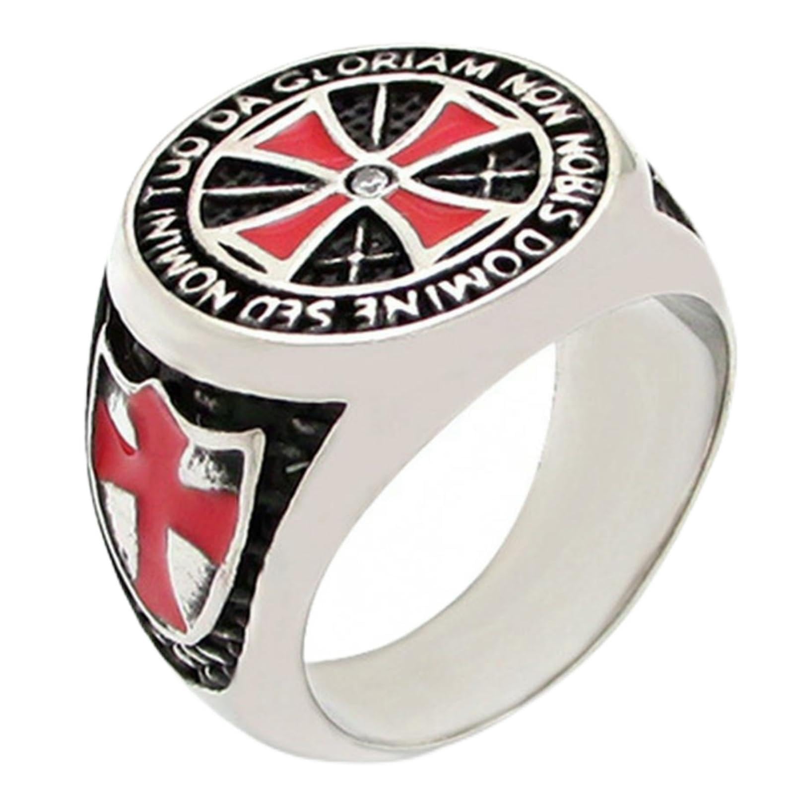 Titanstahl-Kreuzritter-Ring für Männer, Rotes Kreuz, Tempelritter, mit eingelegtem CZ-Kreuz, geschlossener Bandring, Geschenk