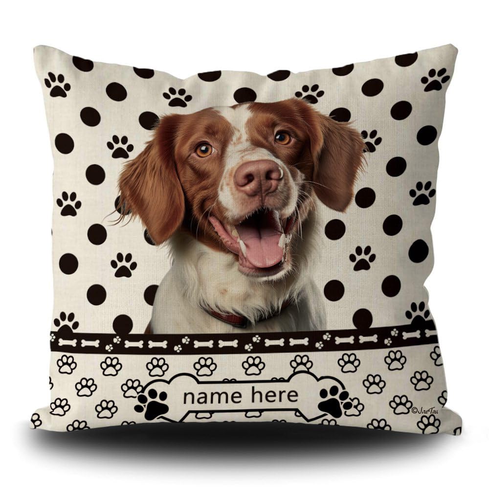 JaeTou Brittany Spaniel Dog with Polka Dots and Dog Paw Print Decor Pillow Cover 18x18 Inches Linen Customized Pillowcase, Style 2