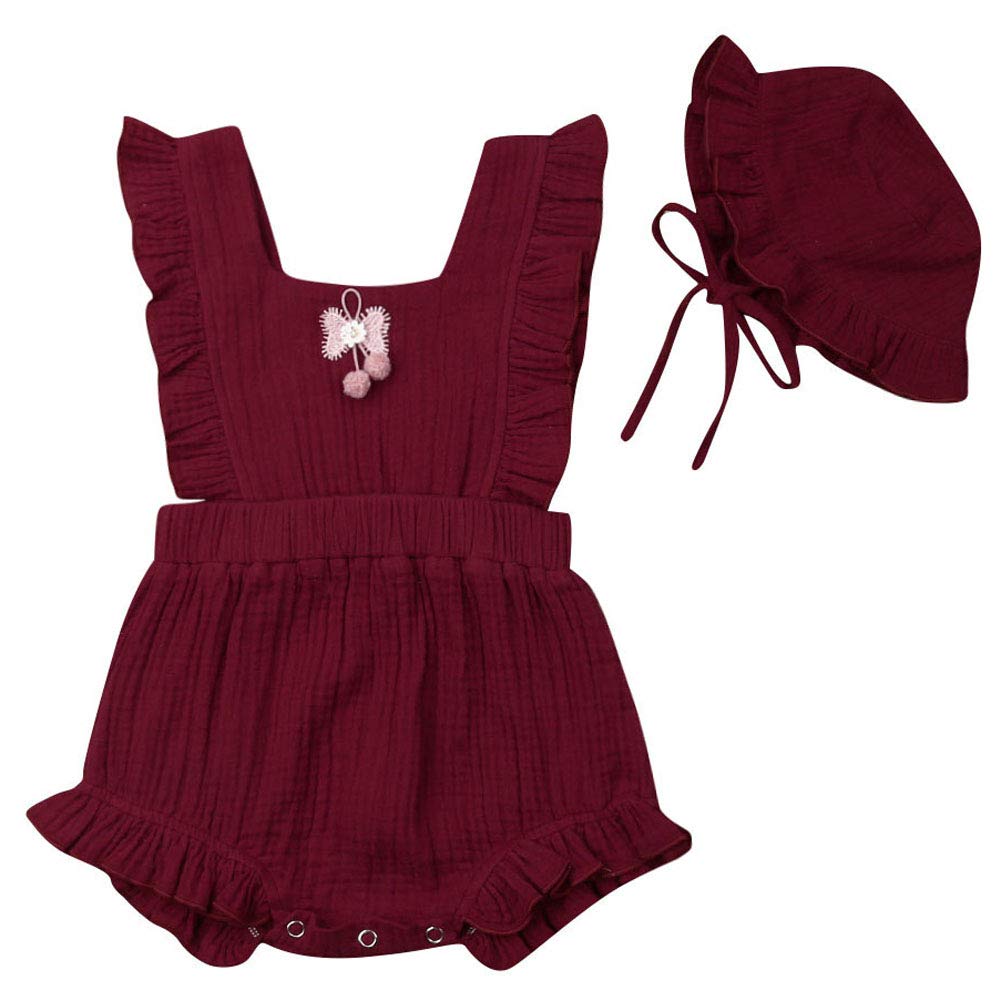 Baby Girls Flutter Sleeve Ruffle Romper Cotton Linen Pompom Bodysuit with Hat Clothes Set (6-12M, Burgundy Red)