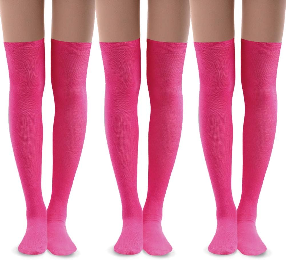 MK MEIKANPink Over Knee High Socks for Women, Thigh High Cosplay Women's Girls' Gifts Knee Soft Socks Breast Cancer Awareness Pink Socks 3 Pairs (Pink), Pink*3, One size