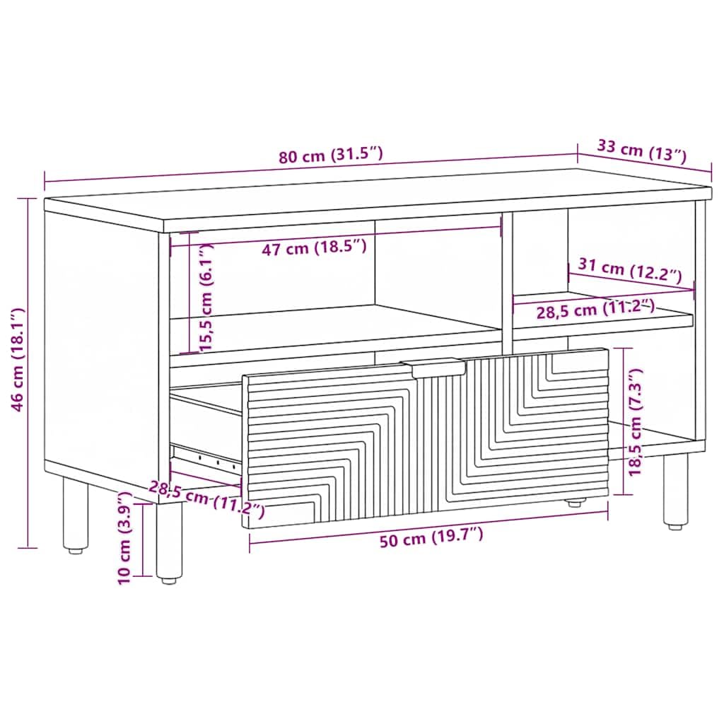 Mobile TV marrone in legno massiccio di mango, 80 x 33 x 46 cm, con spazio e ripiano, credenza bassa per soggiorno, home theater, TV e accessori per gaming, robusto e funzionale