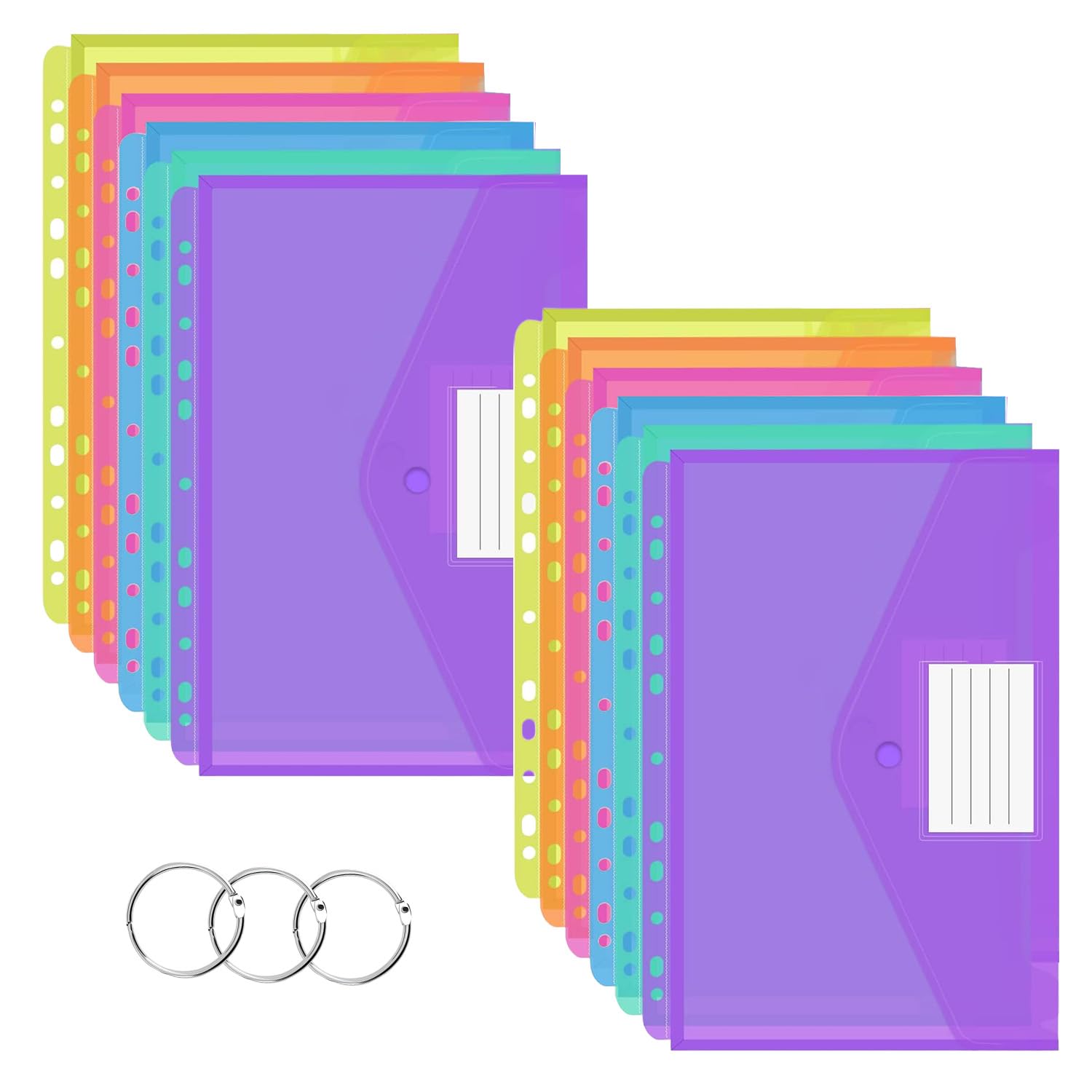 Punched Pockets Plastic Wallets, Quetiyisit 12Pcs A4 File Folders File Holders File Jackets for Document Paperwork Clear Envelope with Label Pocket Snap Button Ring Binder Home School Office โ image 1