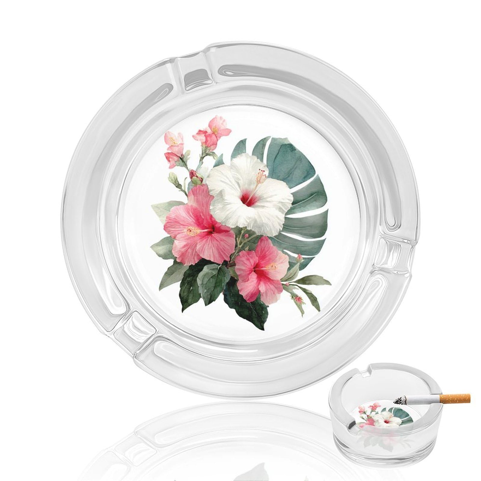 Watercolor White Hibiscus And Monstera Glass Ashtray for Cigarettes Portable Decorative Ash Trays for Home Office Decor