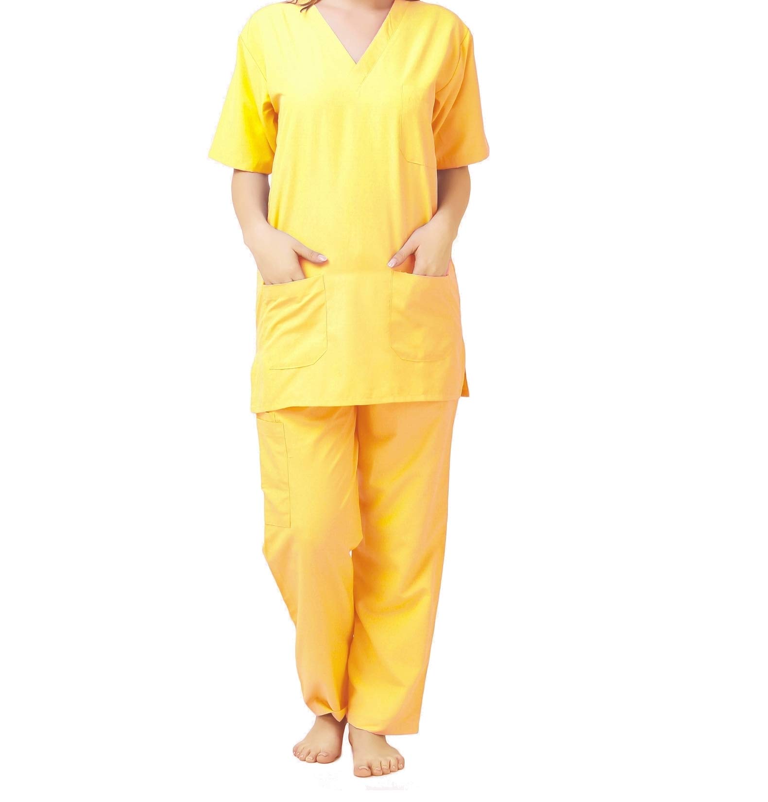 PrimeSurgicals Unisex Scrub Suit V-Neck 3 Pocket Top and 4 Pocket Cargo Trouser - (38 - M, Amber Yellow)-picture-14