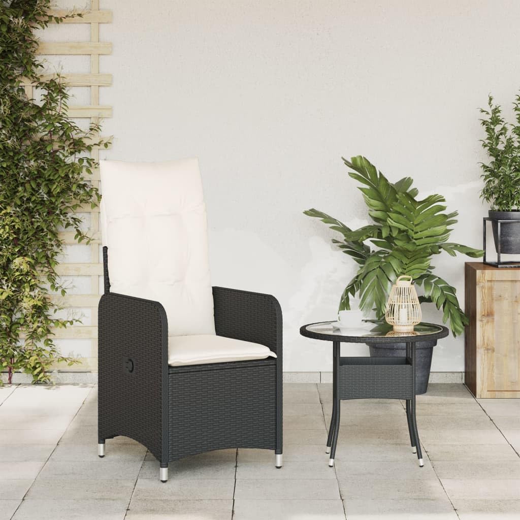 Poltrona reclinabile da giardino con cuscini in rattan sintetico nero sedie esterne resistenti alle intemperie, poltrone per terrazze, mobili da giardino nero senza poggiapiedi