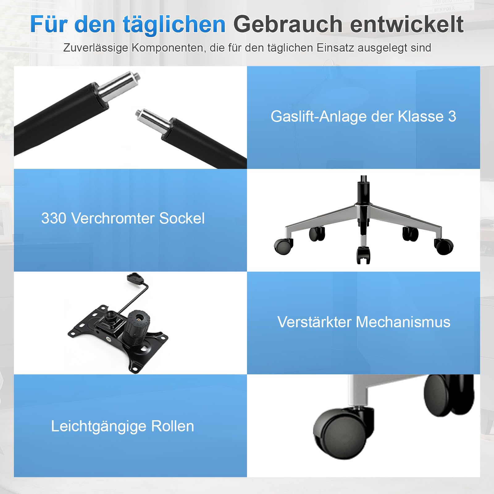 Ergonomischer Netz-Bürostuhl mit Verstellbarer Lendenstütze und Fußstütze, Schreibtischstuhl mit drehbaren Armlehnen und Kopfstütze, neigbarer Computerstuhl für Homeoffice und Gaming, Schwarz