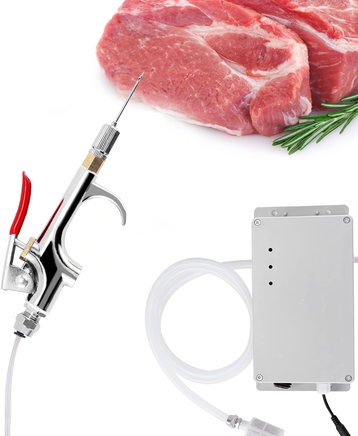 MXBAOHENG Stainless Steel Electric Meat Injector Gun Pump 70W Automatic Marinade Meat Syringe Single Gun with Hose 10 Needles for BBQ Roast Turkey Pork Beef