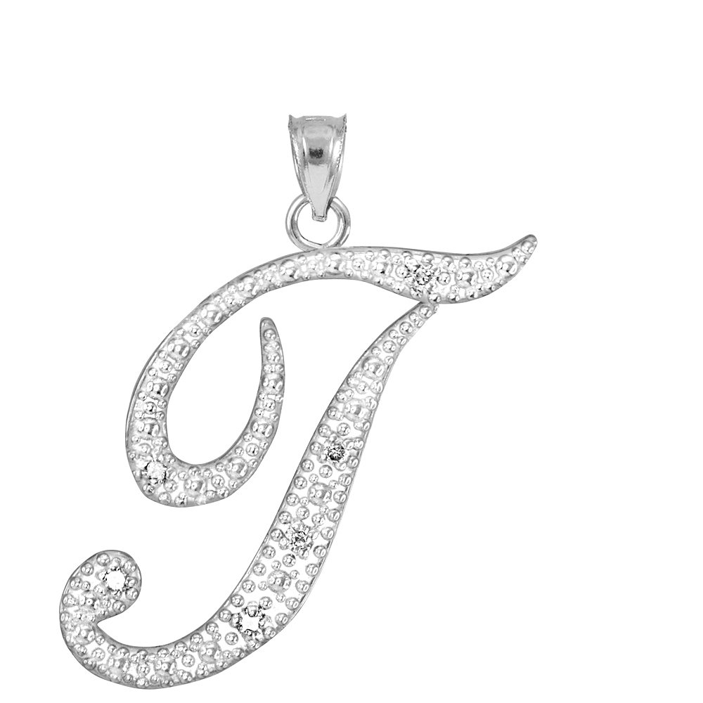 Claddagh Gold .925 Sterling Silver Cubic Zirconia Dangling Cursive Initial T Charm 4/5" Pendant