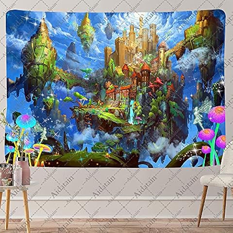 Aidatain Fairytale Castle Tapestry Fantasy Forest Sky Palace Purple Mushroom Magic World Tapestry Flannel Small Size 60x 40 Inches Tapestry for Bedroom Living Room GTWHAT639 Cover
