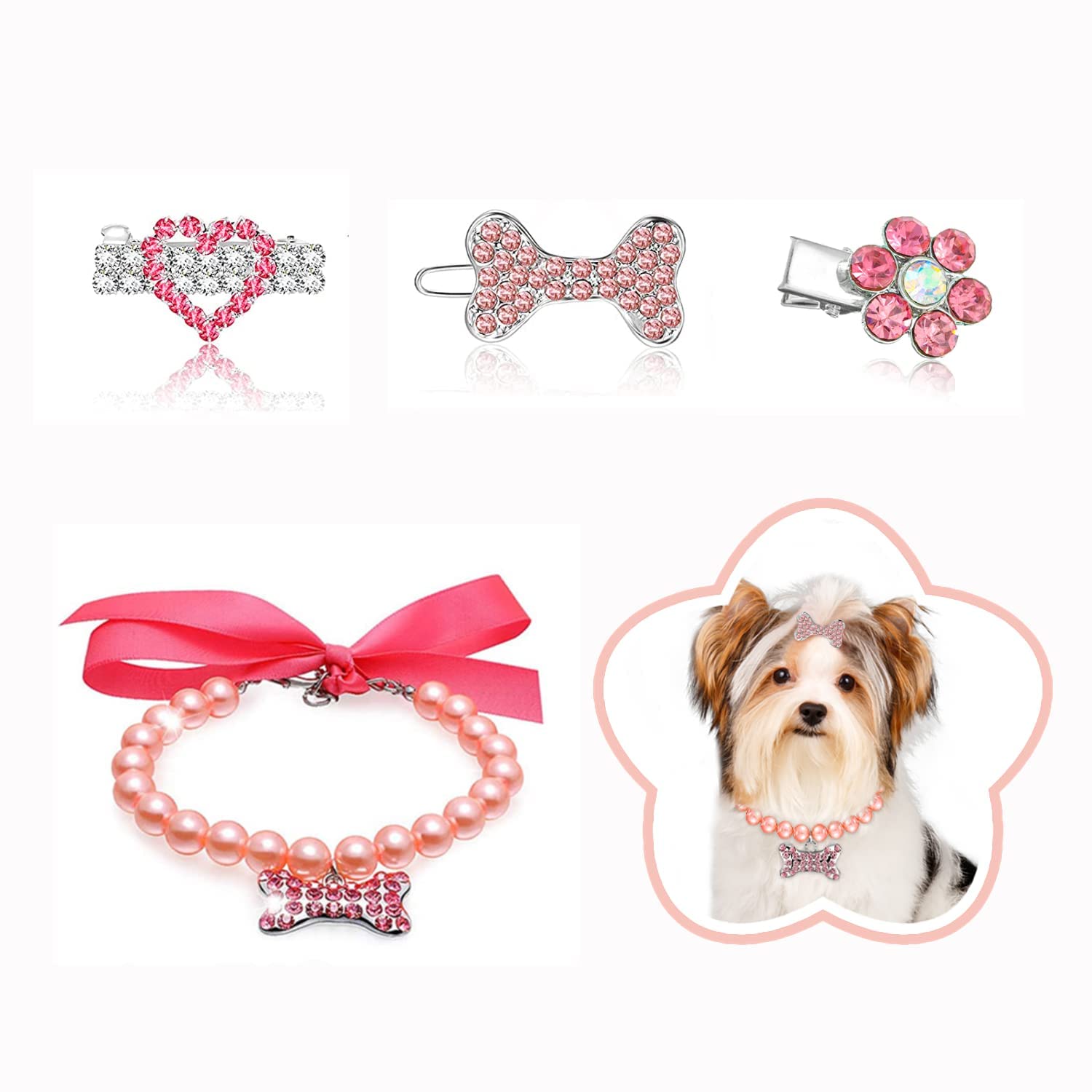 MAKINGTEC Dog Collar and Puppy Hair Accessories, 4 Pack Pearl Pet Necklace for Small Dogs Girl Barrette Crystal Rhinestone Cat Grooming Products