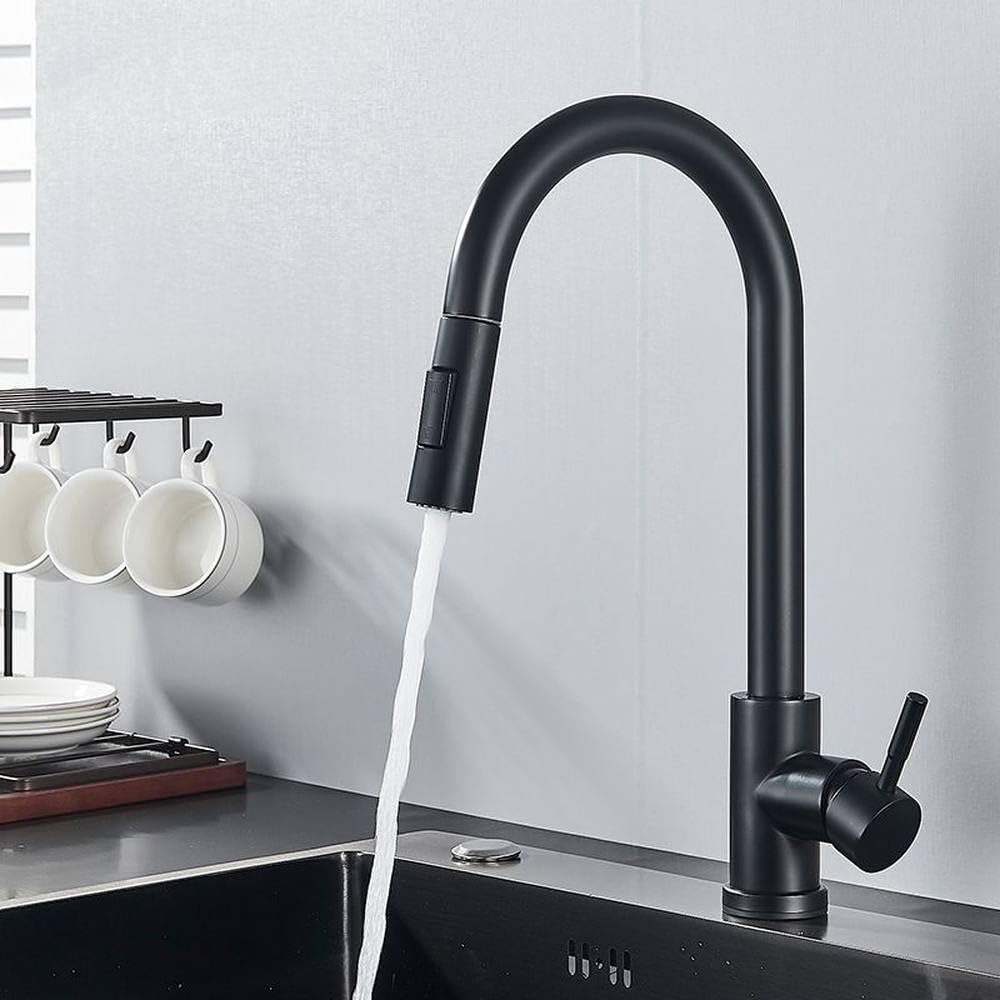 FCXWEVR Smart Sensor Kitchen Faucet with Touch Sensor Pull Out Dual Water Mode Mixer Tap Matte Black
