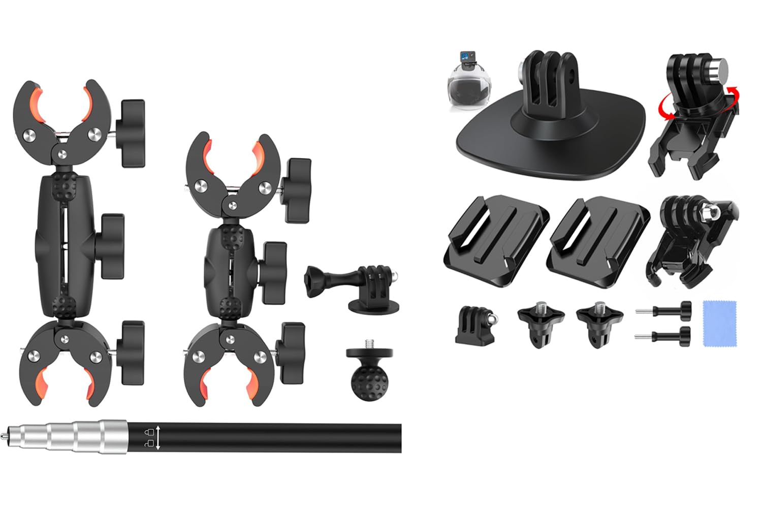 UNSTINCER 360° drehbarer Klebehalterung + Doppelklemme Action Kamera Halterung mit 119 cm Selfie Stick Bundle