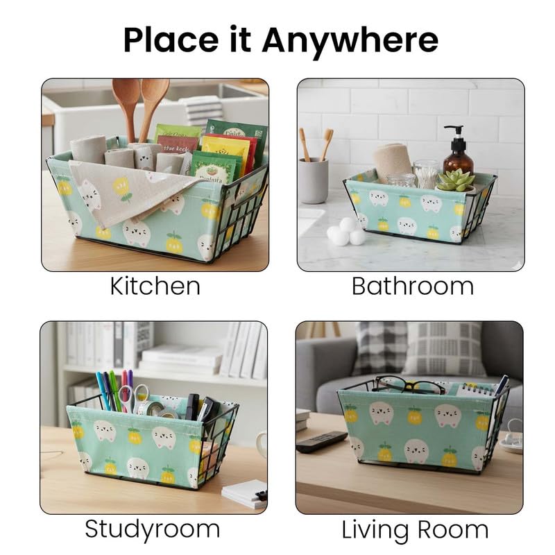 Image of Go Hooked Metal Storage Basket with Removable Fabric Liner | Mint Green Cat & Flower Print Multipurpose Organizer for Home, Bathroom, Study Desk | Decorative Wire Basket for Toys, Fruits, Snacks