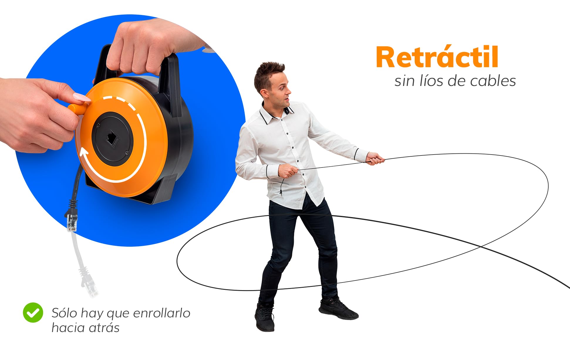 Cable Ethernet Retráctil 15m CAT6 Plano – Extensión Internet 1 Gbps Portátil con Conector RJ45 Macho-Hembra