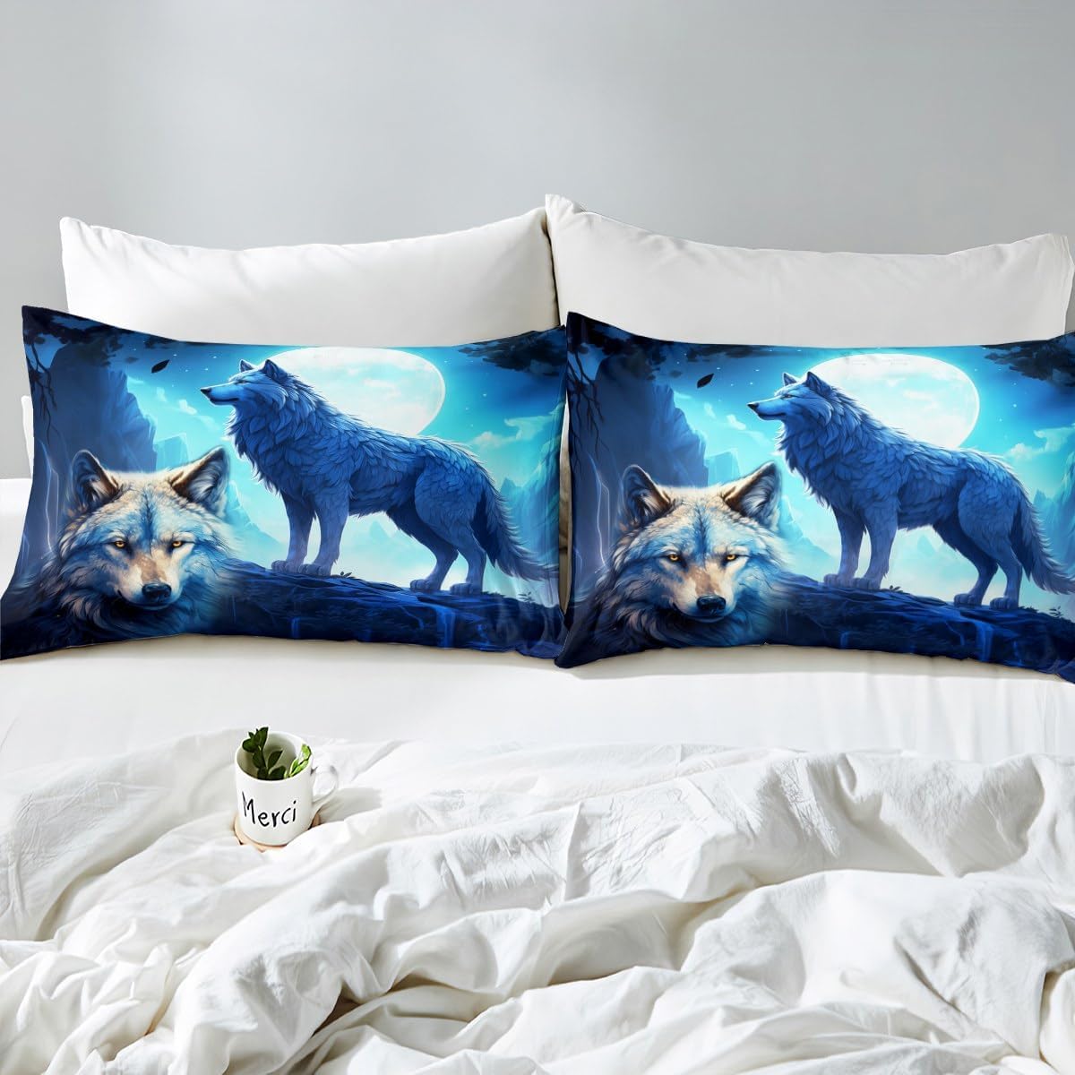 Wild Wolf Fitted Sheet Full Size,Moon Night Scenery Bedding Set 3Pcs for Kids Teens Boys Adult Bedroom Decor,Nature Animals Bed Sheet Mountain and Tree Silhouette Deep Pocket Sheet,2 Pillowcases