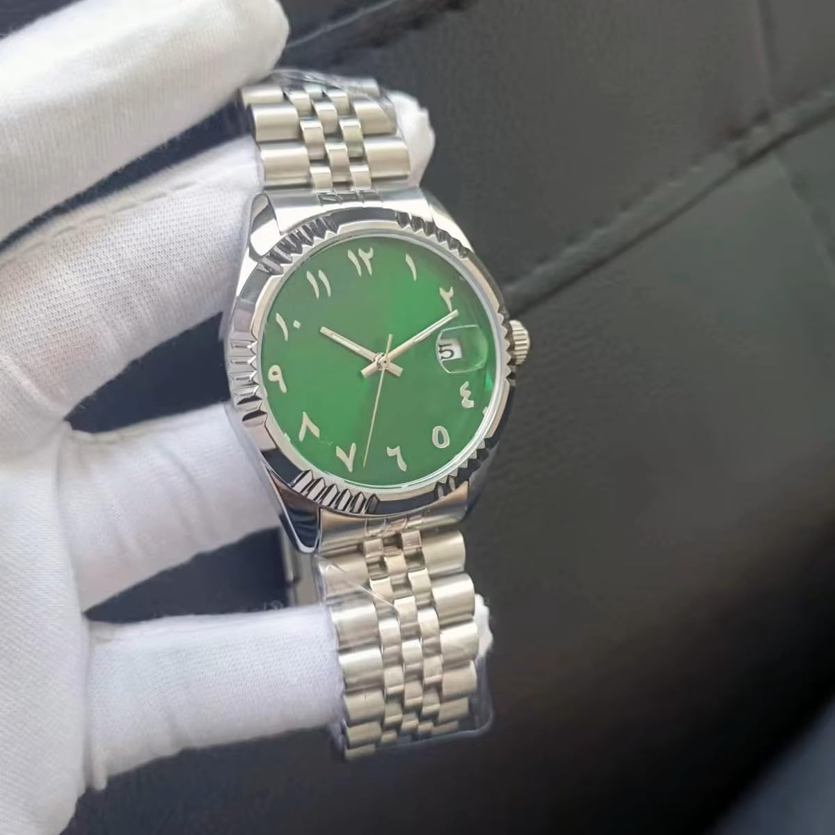 Boyarca Reloj mecánico de Lujo de Acero con números arábigos Movimiento automático números Urdu, Reloj mecánico de 38mm para Hombre con Fecha Luminosa Resistente al Agua