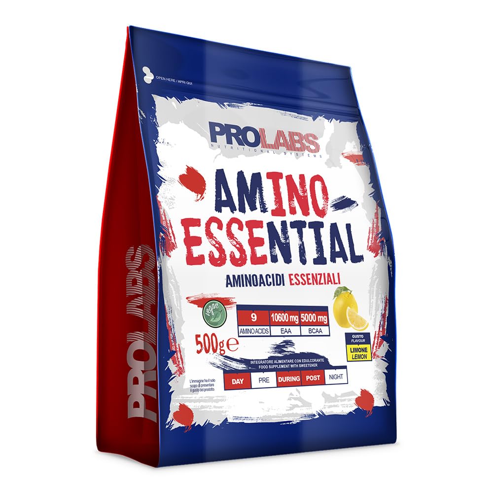 PROLABS – EAA Aminoacidi Essenziali AMINO ESSENTIAL Fermentati Polvere 100% Veg con BCAA Ramificati 2:1:1 e Vitamina B6, Amminoacidi Essenziali Post Intra Workout, Integratore per Sportivi 500g Limone