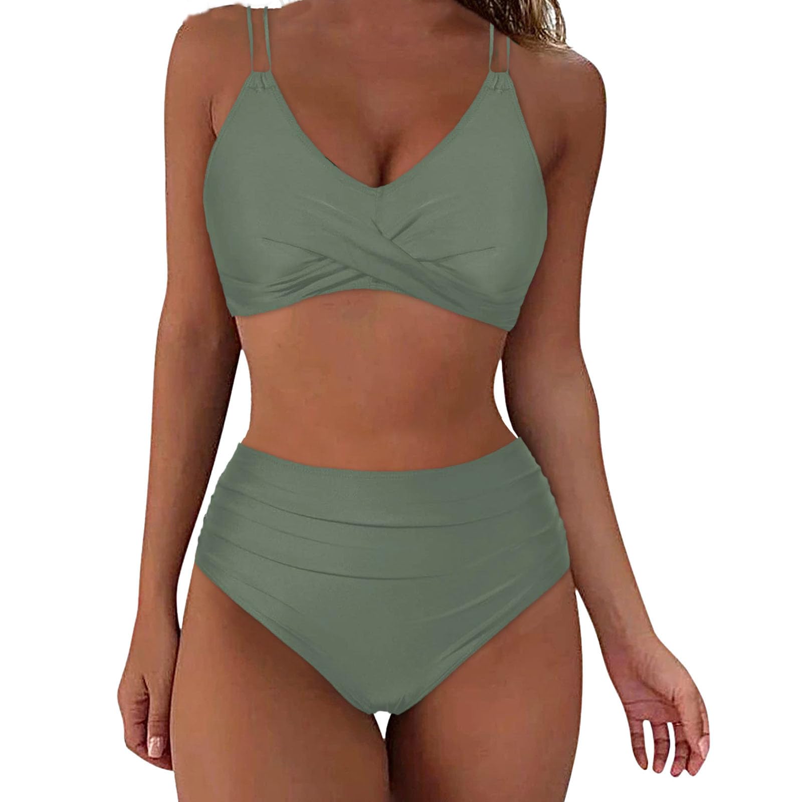 Bikini Sets for Women High Waist Ruched Tummy Control V Neck Tie Back 2 Piece Bathing Suit Sexy