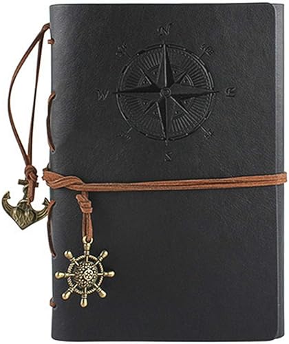 Cuaderno de escritura de cuero, cuaderno de espiral náutico vintage, cuaderno de bocetos, diario de viaje para escribir con páginas en blanco y Negro