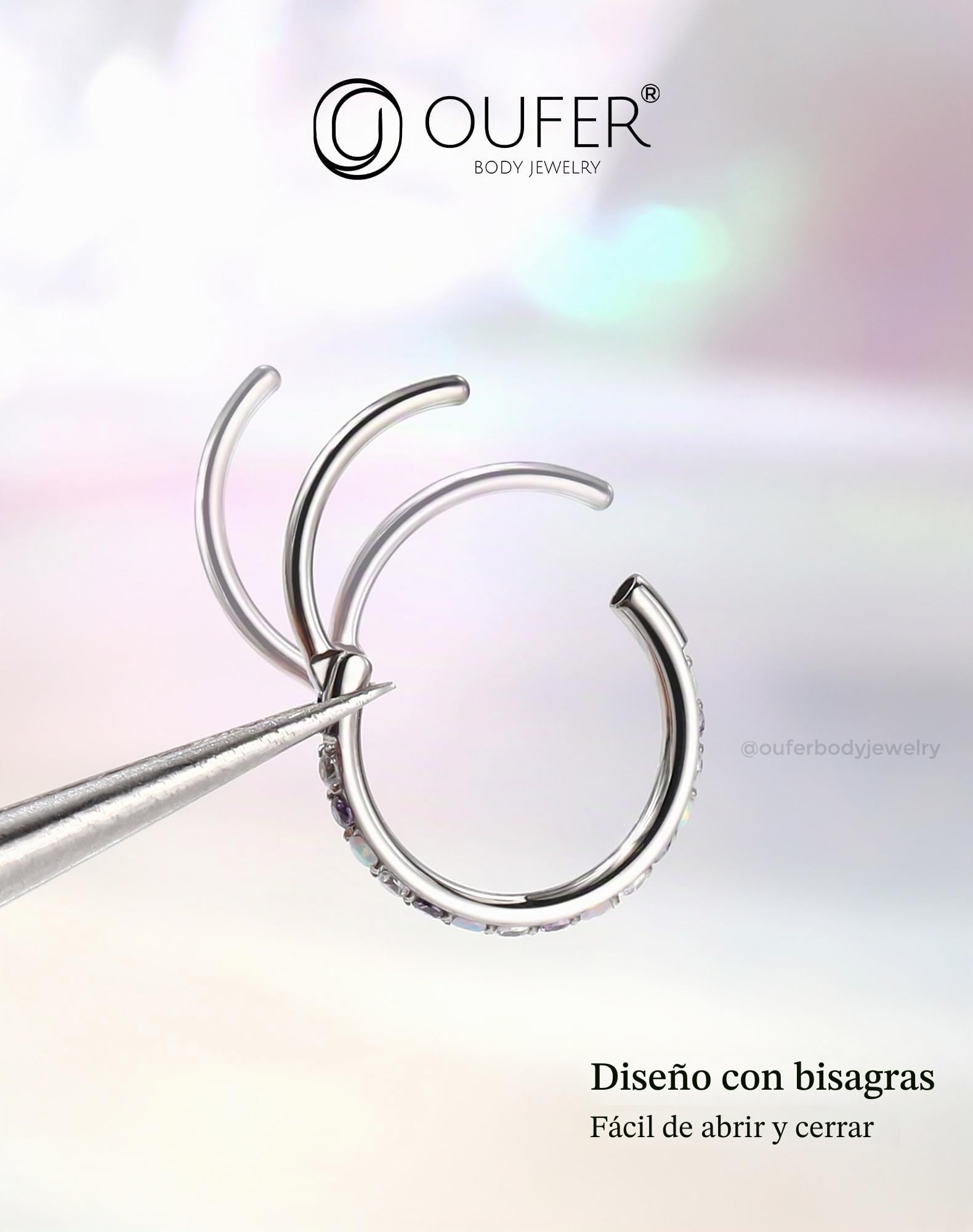 OUFER 20G Clicker Piercing para la nariz, acero quirúrgico 316L, transparente, violeta/negro, CZ y ópalo, cartílago, piercing para mujer, 6/7/8 mm