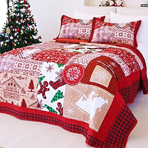 EVENHUG King Size Quilt Christmas Theme Bedding Set with Pillow Shams Reversible Red Floral Bedspread Coverlet Lightweight Christmas Holiday Bed Cover for Bedroom Home Decoration (106"x96") Cover
