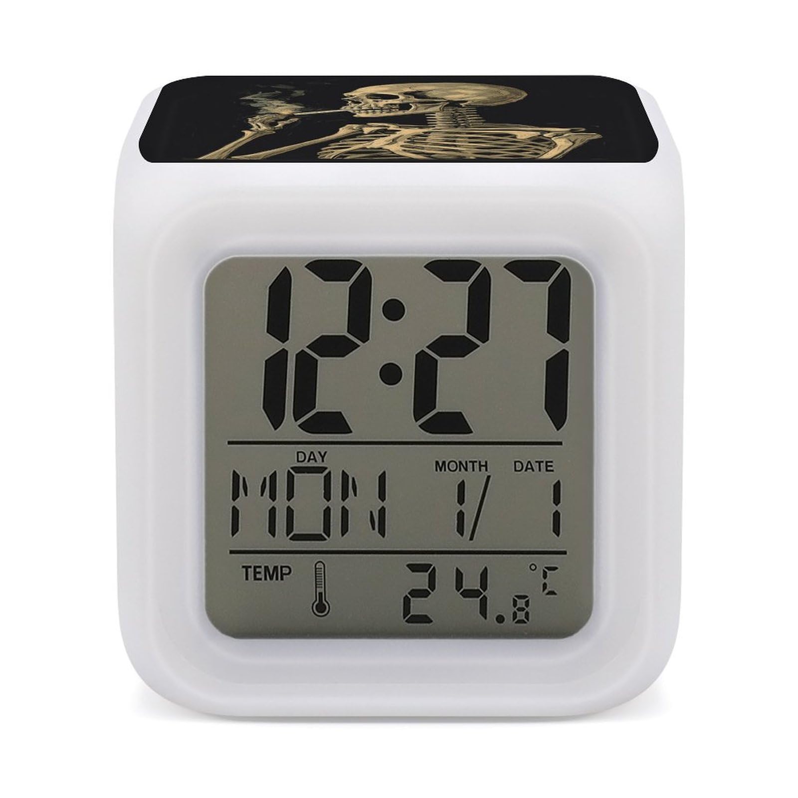 VstaDank A Skeleton with Burning Cigarette Alarm Clock with 7 Color Changing Night Light Date Temp Display Wake Clocks LED Display Digital Clock Electric Desk Clocks for Living Office Bedroom Decor