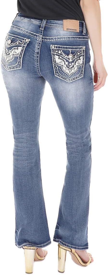 Jack David Woman’s Bootcut Jeans Blue Stretch 5-Pocket Premium Denim Jeans Embellished Rhinestone mid Rise Boot Cut.