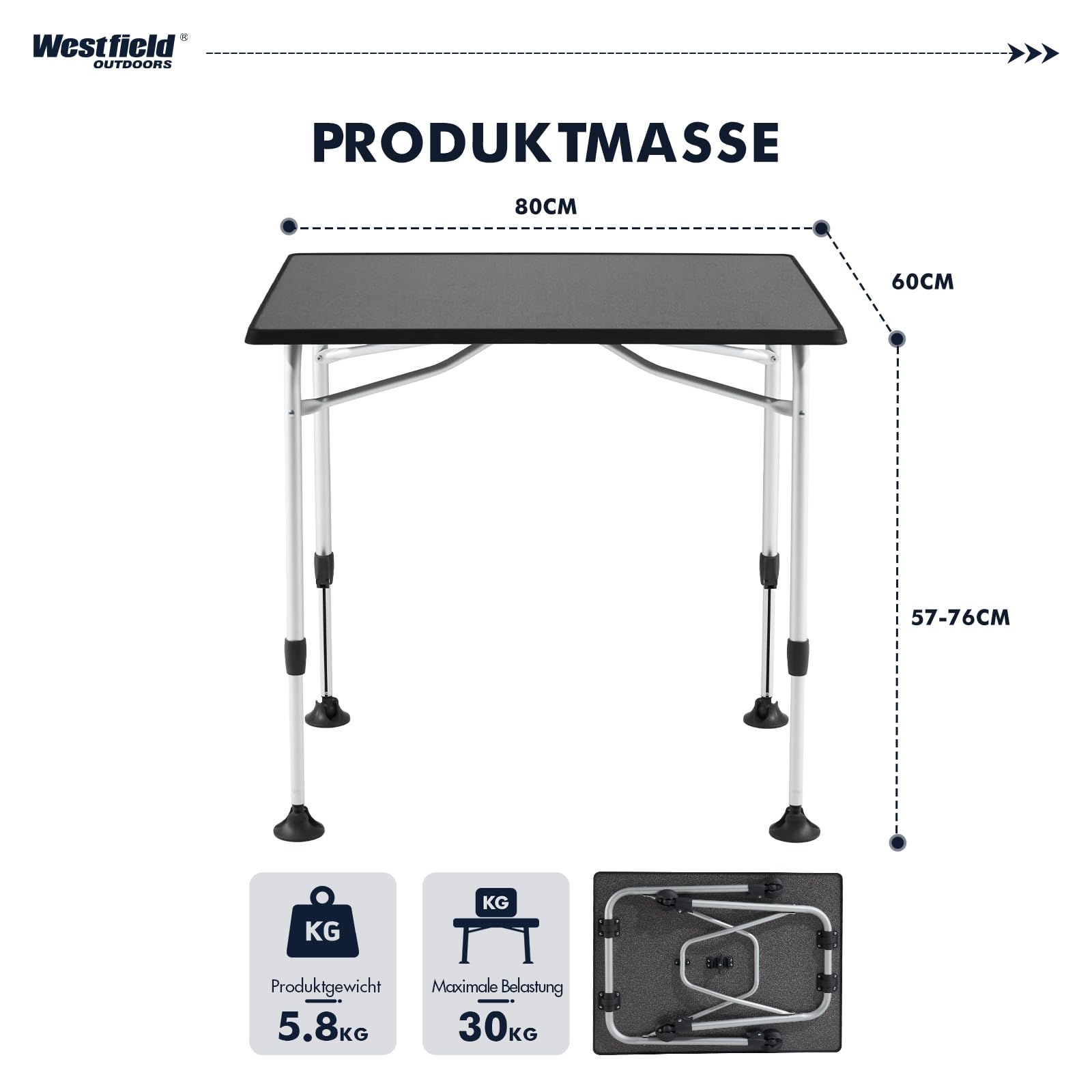 Westfield Outdoors Viper 80 Campingtisch, höhenverstellbarer Gartentisch, 80 x 60 cm Tischplatte für 2-4 Personen, strapazierfähig und pflegeleicht, faltbar, für Camping, Garten und Wohnwagen