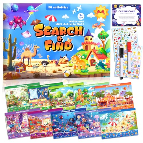 Search and Find Books for Kids Ages 3-5; Road Trip Activities for Ages 4-8, 24 Themes Activity Book with 2 Dry Erase Markers
