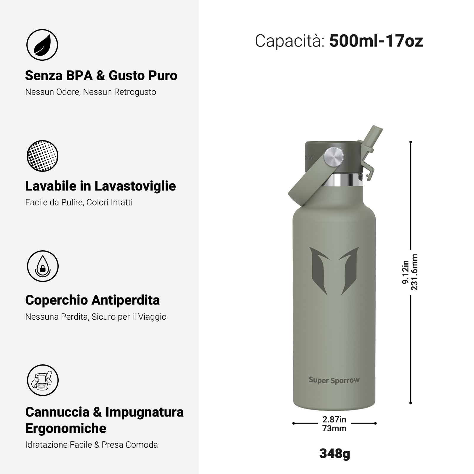Super Sparrow Borraccia Termica, Acciaio Inox Bottiglia Termica - 350ml, 500ml, 750ml, 1L - Senza BPA Borracce, Borraccia Bambini per Scuola, Sport, Campeggio, Yoga, Palestra, Ciclismo