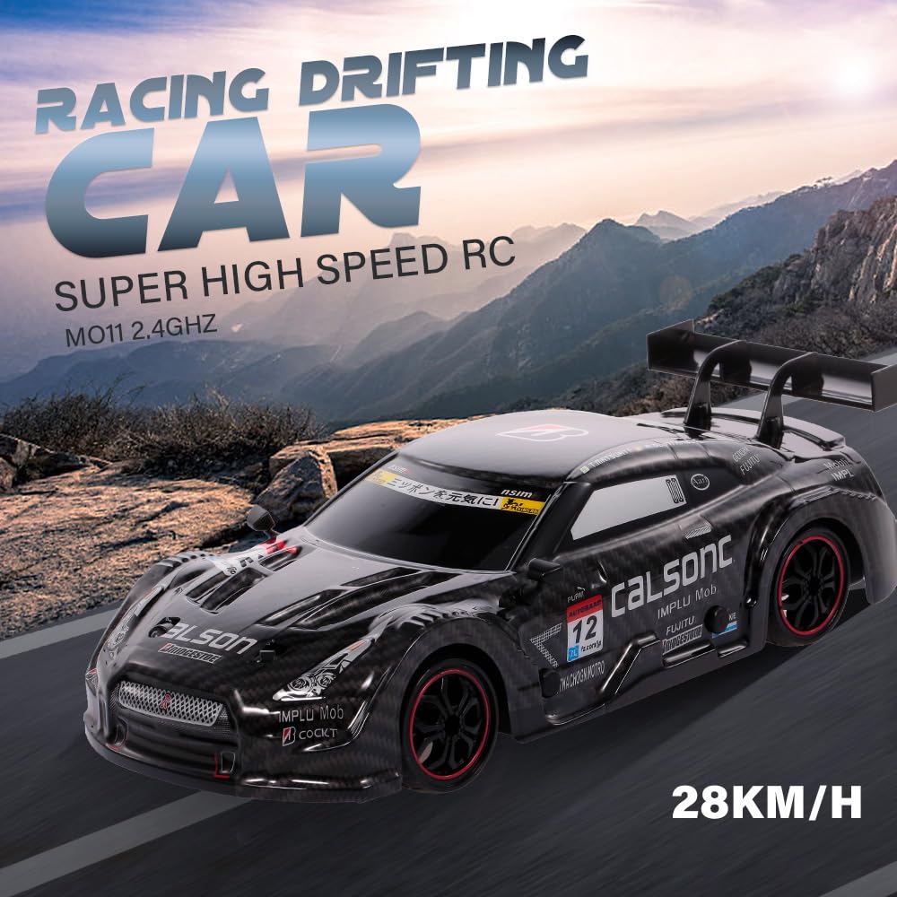 Auto telecomandata 40 km/h RC Auto Drift 1/14 4WD 2,4 GHz 30 minuti di divertimento RTR velocità continua luci LED sostituibili pneumatici da corsa per bambini neri 2 batterie