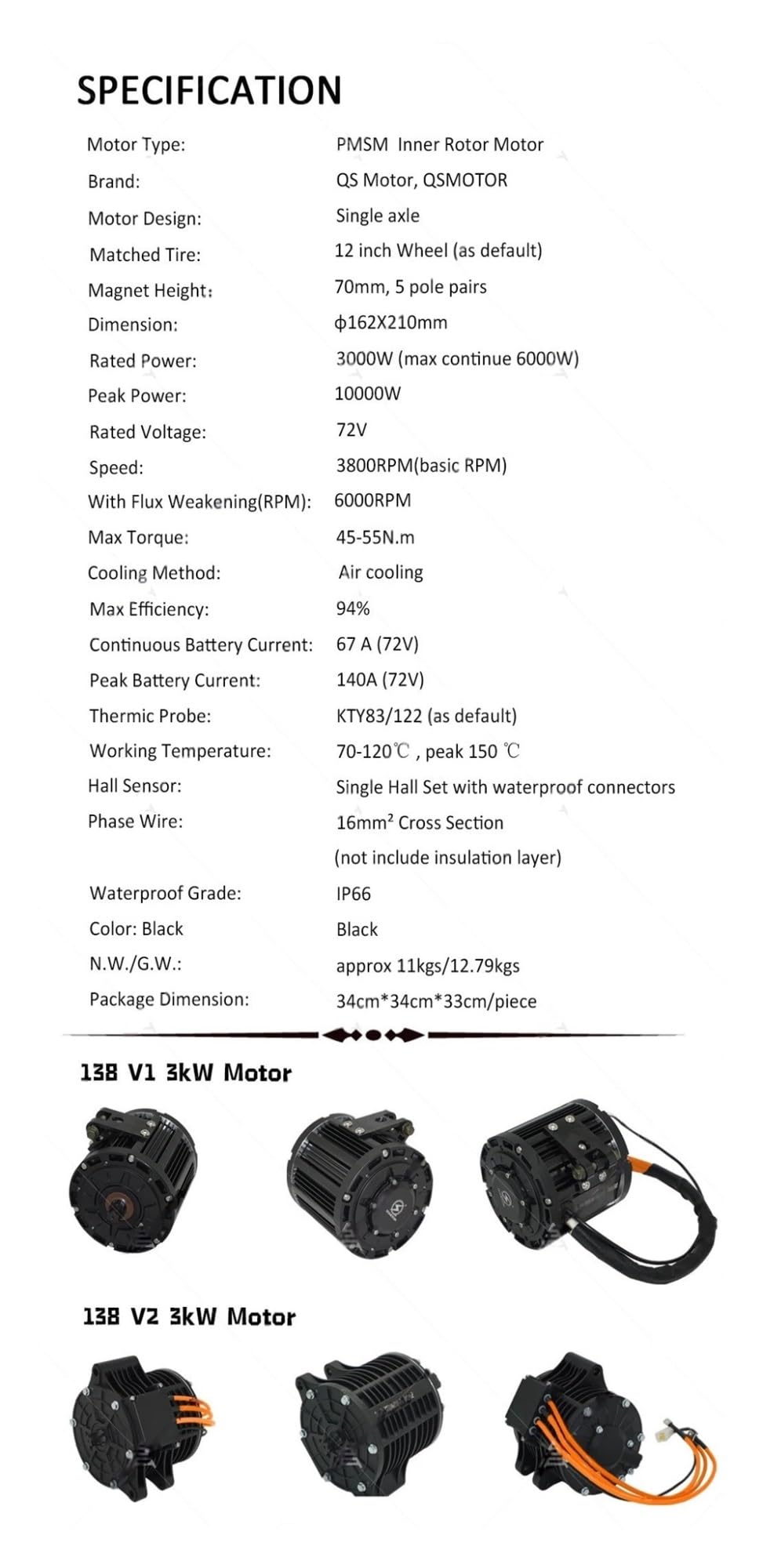 Motore centrale for moto elettrica 3000W QS138 70H Moto(Sprocketv2controller)