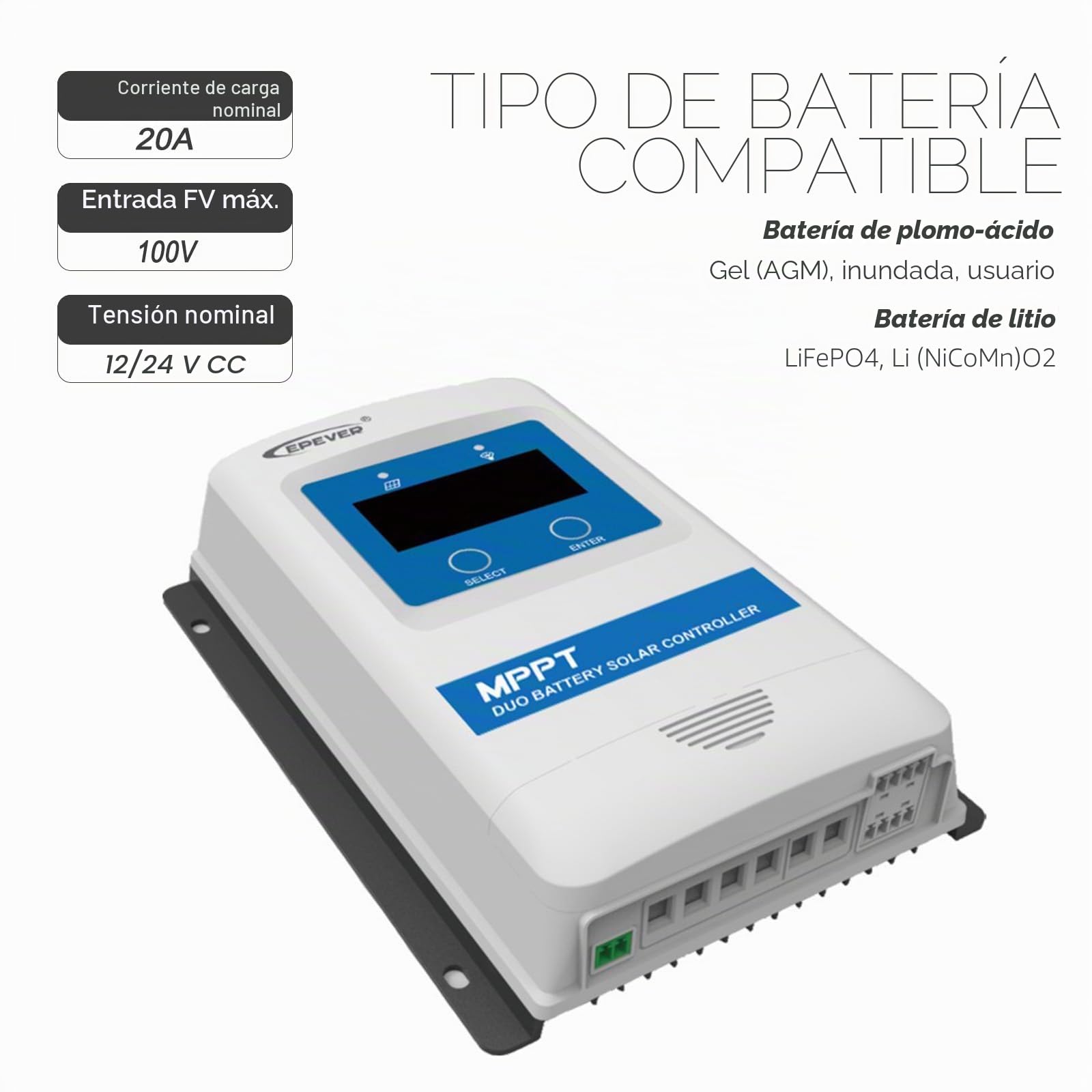 EPEVER MPPT Regulador de carga solar DuoRacer 10A, 20A, 30A; 12/24V trabajo automático, para 2 baterías, PV 60V-100V (DR2210N – 20A, 100V)